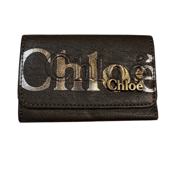 Chloe Taupe Brown Leather Monogram Key Holder Wallet